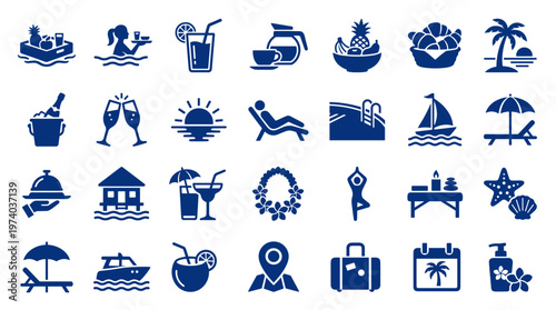 Collection of blue vacation and travel icons representing relaxation, activities, and amenities for a tropical getaway