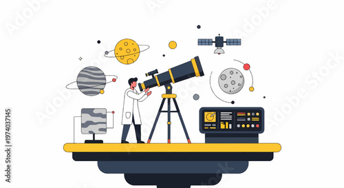 Astronomer Observing Celestial Bodies Through Telescope in Space.