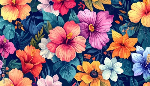 A beautiful spring garden pattern features a vibrant bloom of red and yellow hibiscus and roses amidst green summer leaves for a colorful floral nature background