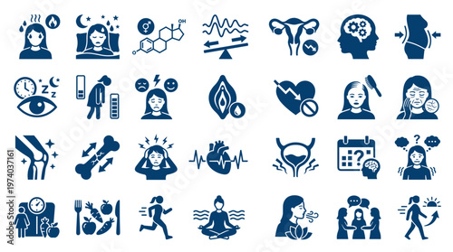 Collection of icons representing women's health issues and wellness solutions including sleep problems stress and exercise