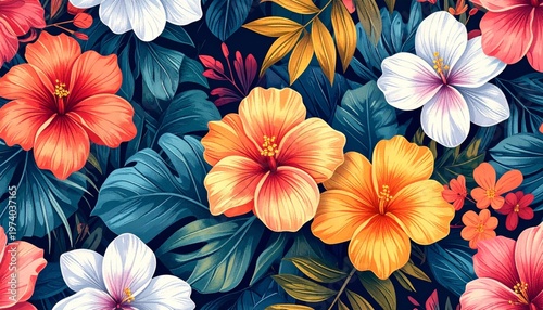 A beautiful spring garden pattern features a vibrant bloom of red and yellow hibiscus and roses amidst green summer leaves for a colorful floral nature background