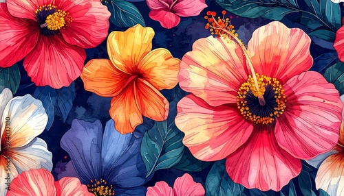 A beautiful spring garden pattern features a vibrant bloom of red and yellow hibiscus and roses amidst green summer leaves for a colorful floral nature background