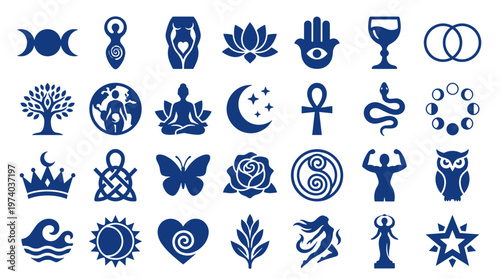 Obraz na plátne Collection of Spiritual and Esoteric Symbols Icons Set Blue Color Isolated on Wh