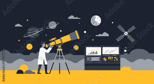 Astronomer Observing Celestial Bodies Through a Telescope Under the Night Sky.