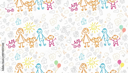 Colorful stick figure illustrations of happy families with children pets and toys on white background with faint gray doodles