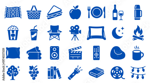 Collection of blue icons representing leisure activities food and relaxation for design and web use