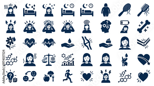 Collection of icons representing health wellness and mental state with symbols for stress sleep and energy balance