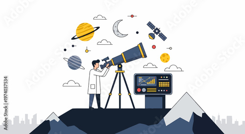 Astronomer Observing Celestial Bodies Through a Telescope in Space.