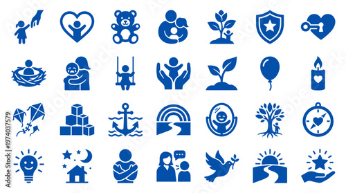 Collection of blue icons representing family care safety growth community support and well being concepts on white background