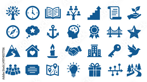 Collection of blue icons representing business growth family tree education time compass anchor success building key and nature concepts on white background