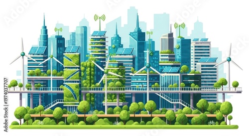 Sustainable green city with eco-friendly skyscrapers, modern urban landscape with wind turbines and solar panels, futuristic smart city architecture