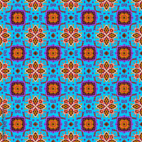 Colorful Ethnic Seamless Pattern with Geometric Mandala Motifs on Blue Background, Tribal Boho Textile Design for Fabric, Wallpaper, Wrapping Paper and Decorative Surface