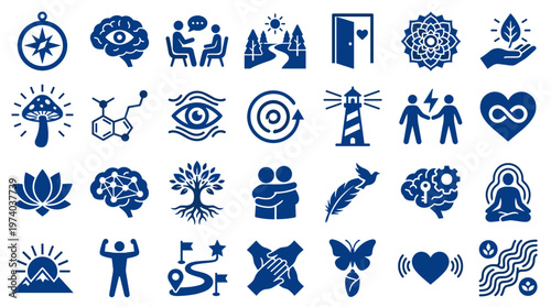 Bild auf Leinwand Collection of blue icons representing concepts like mindfulness, connection, gro