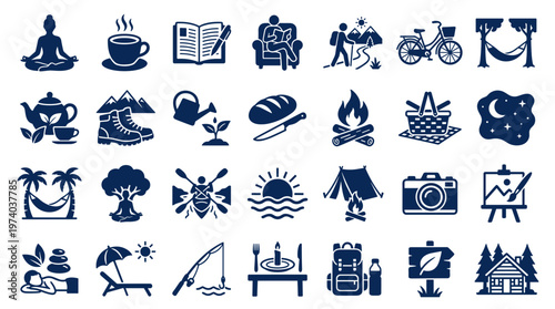 Collection of outdoor recreation and relaxation icons representing healthy lifestyle activities like yoga camping hiking and travel