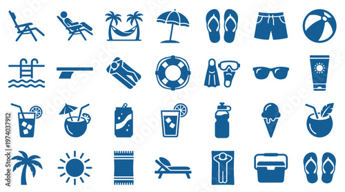 Collection of blue summer vacation and beach icons representing relaxation travel and leisure activities like swimming sunbathing and enjoying drinks