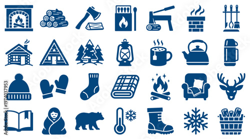 Cozy Winter Icons Set Featuring Fireplace Warm Clothing Hot Drinks Snowflakes and Outdoor Activities for Seasonal Design