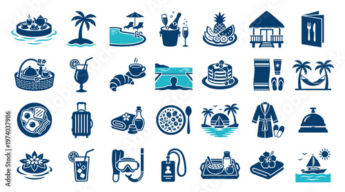 Collection of vacation and travel icons representing hospitality services and leisure activities with a blue and teal color scheme