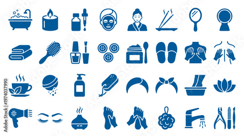 Collection of spa and beauty icons representing relaxation wellness and self care treatments with bath and massage elements