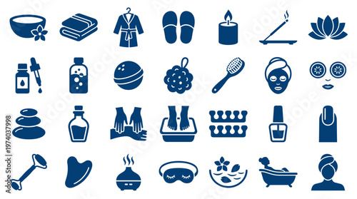 Collection of blue spa and wellness icons representing relaxation beauty treatments and self care rituals on a white background