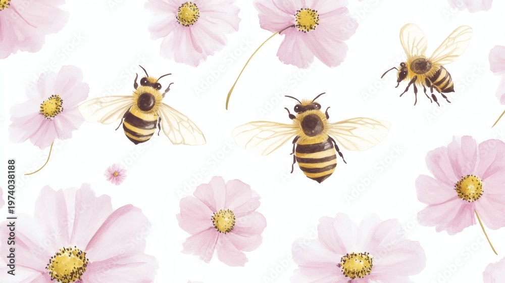 Fototapeta premium Four realistic bees flying among soft pink cosmos flowers on white background, bright and airy floral pattern