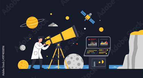Astronomer Observing Celestial Bodies Through a Powerful Telescope at Night.
