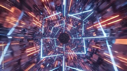 Abstract digital tunnel with glowing geometric patterns and futuristic motion