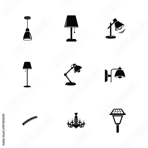 Vector Silhouette Collection of Modern Home and Industrial Lighting Fixtures, Lamps, and Chandeliers