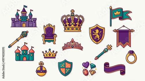 Medieval Royal Icons Set with Castle Crown Scepter and Throne