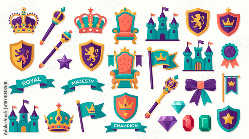 Royal Monarchy Icon Set with Crowns Castles and Shields