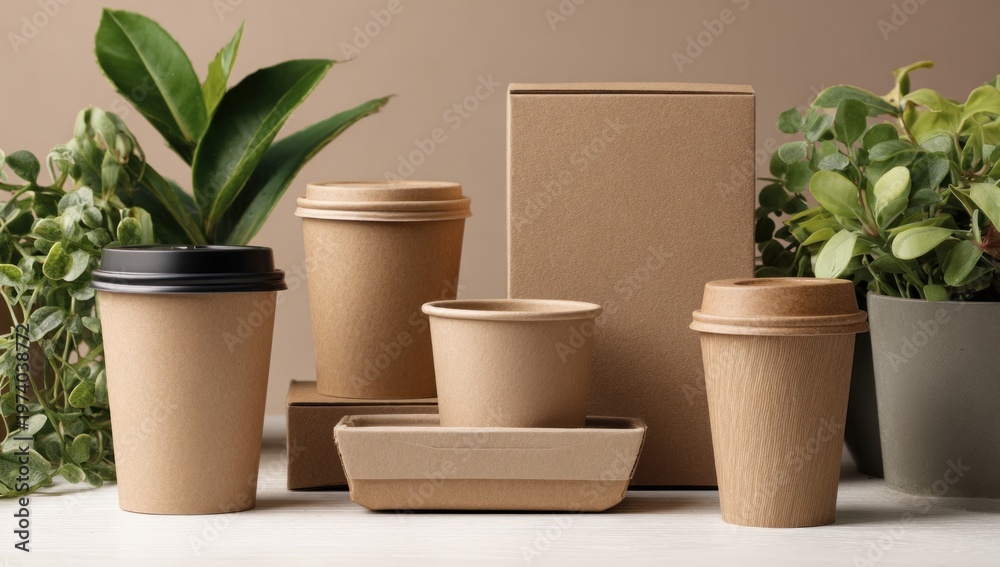 Fototapeta premium A collection of eco-friendly paper cups and containers with a backdrop of potted plants, highlighting sustainable packaging solutions.