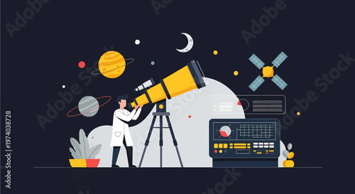 Astronomer Observing Celestial Bodies Through a Powerful Telescope at Night.