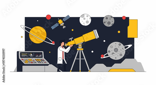 Astronomer Observing Celestial Bodies Through a Powerful Telescope at Night.