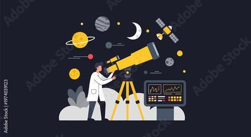Astronomer Observing Celestial Bodies Through a Powerful Telescope at Night.