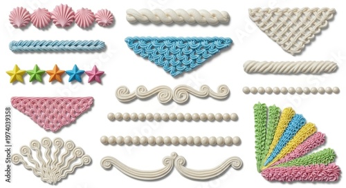 Pastel whipped cream borders and frosting swirls, decorative cake icing elements set, colorful buttercream piping designs on white background