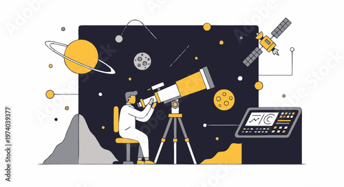 Astronomer Observing Celestial Bodies Through a Powerful Telescope at Night.