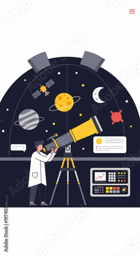 Astronomer Observing Celestial Bodies Through a Powerful Telescope Illustration.