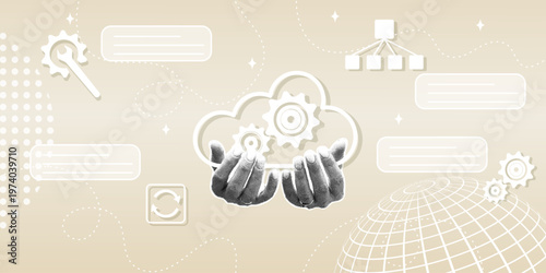 Digital data management and information technology concept. Trendy halftone collage. Hands holding a cloud with gears. Cloud computing infrastructure, network communication, artificial intelligence