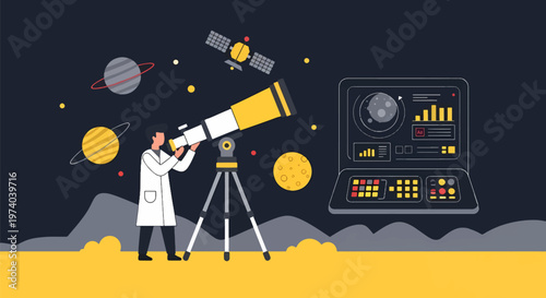 Astronomer Observing Celestial Bodies Through Telescope with Planets and Satellite.