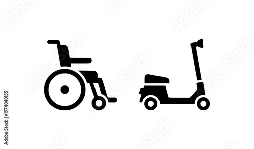 Minimal mobility device icon set wheelchair and electric scooter simple accessibility vector symbols
