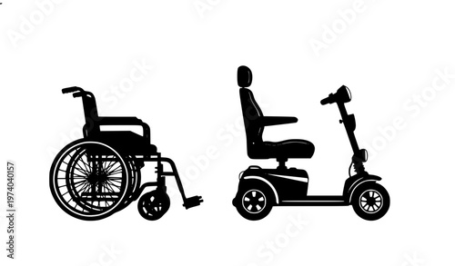 Manual wheelchair and electric scooter silhouette side view accessibility mobility devices vector illustration
