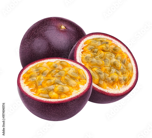 Konstfotografi Fresh ripe purple passion fruit maracuya whole and cut halves isolated on transparent background
