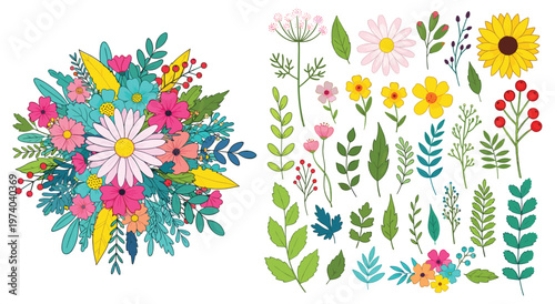 Elegant wildflower bouquet and separate botanical branches. Colorful spring blooms including sunflower daisy and berries. Vector leaf collection for floral arrangements and garden card designs.