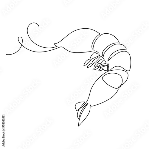 Minimalistic continuous line shrimp icon. Sea food protein source for healthy food branding and nutrition. Prawn in one line art style with wavy whiskers for naive art logo and design projects