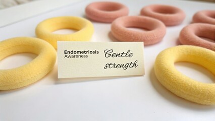 Gentle Strength for Endometriosis Awareness with Soft Rings on a White Background