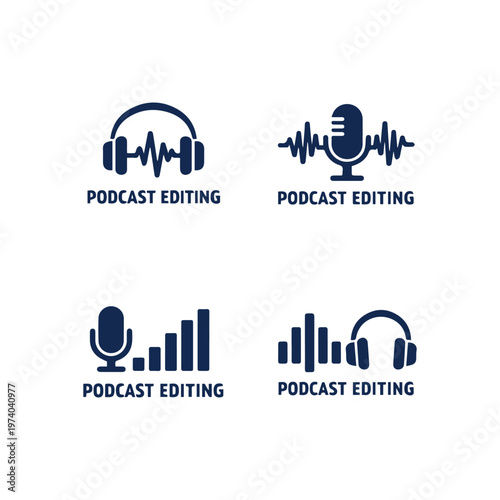 Creative Podcast Editing Logo Set with Mic Headphone and Soundwave Icons
