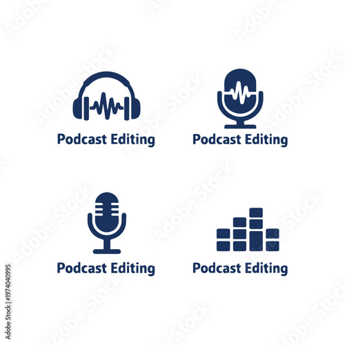 Set of Four Professional Podcast Editing Service Logo Vector Icons