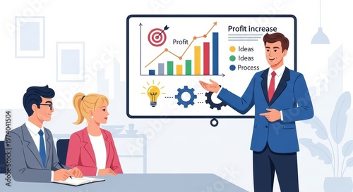 Business presentation showing profit increase, professional speaker explaining financial growth charts, corporate team meeting with data visualization