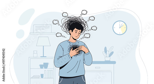 Anxious person with tangled thoughts, mental health concept, stress and confusion