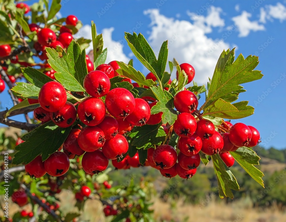 Obraz premium A close-up of vibrant red berries on a tree branch