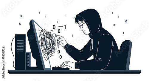 Hacker in Hoodie Coding on Computer with Binary Code and Tangled Lines